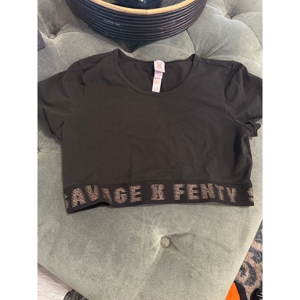 SAVAGE X FENTY Black Crop Top with Rose Gold Logo Band Athletic Wear